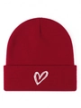 Detail shot of a dark red knit beanie featuring white heart embroidery on a white background - One Size / Burgundy