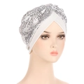 Sparkling silver sequin turban hat for women featuring a stylish twisted knot design - White
