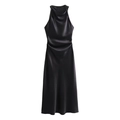 Elegante abito midi in raso nero a girocollo con finitura lucida e vita stretta - XS / Nero