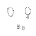 Silver-plated hoop and stud earring set featuring sparkling round-cut cubic zirconia accents - Silver Round Zircon Combination Earring Set (#72)