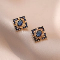 Vintage gold earrings with square navy blue zircon crystals and micro-pavé setting - Vintage Dark Blue Geometric Style (E0532)
