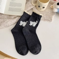 Dunkelgraue Crew-Socken mit beigem Spitzenbesatz und süßem Katzen-Flockmuster - Einheitsgröße / Dunkelgrau