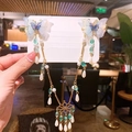Detail of blue butterfly hair clips with golden tassels and beaded lotus charms - 10# Blue Butterfly Forehead Bead Tassel Clip