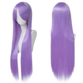 Detailed front and back view of long straight purple cosplay wig with bangs - Light Purple