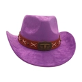 Violetter Western-Cowboyhut mit braunem Lederband und metallischem Stierschädel - Einheitsgröße / Lila
