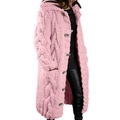 Close-up of pink long-line cable knit cardigan with large buttons and hood detail - S / Pink