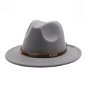 Detail of grey wool fedora hat featuring a brown woven band and bronze metallic G plate - M(56-58cm) / Light Gray