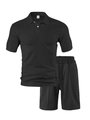 Men's black leisure set featuring short-sleeved polo and shorts with waffle texture - Black Top + Black Shorts
