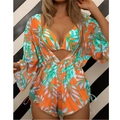 Dreiteiliges Bikini-Set mit orangefarbenem Tropenprint und Mesh-Überwurf für Damen - S / Orange-Grün Tropisches Blatt