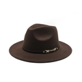 Chapeau fedora classique en laine marron foncé avec bande en cuir noir et boucle dorée - M (56-58cm) / café