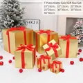 Matte gold Christmas gift boxes with red ribbons in a 7-piece set for holiday decor - 7Pcs Matte Gold Gift Box Set