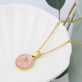 Pink shell round pendant necklace with golden letter R in stainless steel - Pink-R