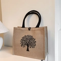 Borsa tote in lino beige con stampa di alberi neri e manici in tessuto intrecciato - Albero grande