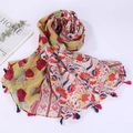 Detail shot of cotton linen scarf with floral geometric prints and decorative tassels - Style 15