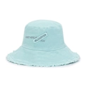 Mint green sun hat bucket style with fringe edges and letter embroidery patch detail - Adjustable / Cyan