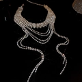 Silver flower tassel choker necklace featuring luxurious multilayer sparkling rhinestones - Multi-layer Curved Tassel Style / Silver