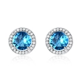 Elegant halo stud earrings with blue round-cut zircon and silver-plated finish - Round Aqua Blue Zirconia