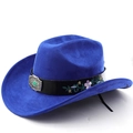 Detail of blue suede cowboy hat with turquoise buckle belt and floral embroidery - M(56-58cm) / Sapphire Blue