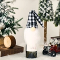 Christmas gnome wine bottle cover with black and white plaid hat and white plush beard - Black and White Plaid Forest Man Wine Hat / Black White Grid