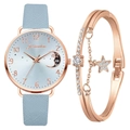 Women's rose gold quartz watch with moon dial and matching rhinestone bracelet set - Watch + Star Bracelet / Sky Blue