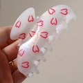 Translucent cream hair claw clip with pink heart patterns and pearlescent finish - Pink Heart (H595)