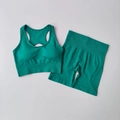 Emerald green seamless yoga set with racerback sports bra and high-waisted gym shorts - S / Dark Green