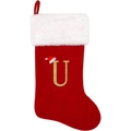 Red plush Christmas stocking featuring a golden letter U with a tiny Santa hat - Letter U