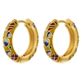 Macro detail of gold hoop earrings with vibrant colorful enamel heart patterns - Yellow