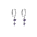 Macro shot of S925 silver hoop earrings with dual round purple zircon drops and pave stones - 925 Silver / Silver Purple