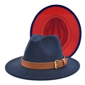 Classic two-tone navy and red fedora hat with a stylish brown leather buckle band - M(56-58cm) / Navy + Red