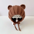 Brown knitted baby bonnet with cute bear ears and earflaps for winter warmth - Dark Brown Panda - Not Lined
