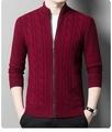 Men's wine red zip-up knitted cardigan with stand collar and textured cable knit design - M / Tops / Red