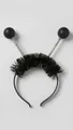 Black furry alien headband with silver spring antennas and black pom-poms for parties - Black