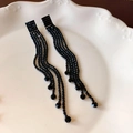 Elegant black rhinestone teardrop fringe earrings displayed on a white ceramic tray - Gun Black Rectangular Ball Tassel Style (Silver Earring Post)