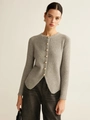 Cárdigan de punto acanalado gris con botones dorados y diseño ajustado moderno - S / Gris