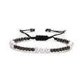 Verstellbares schwarz-weißes Perlenarmband mit Kordelzug und glänzenden Metallperlen - Schwarz-Weiß-Stil mit Perlenimitat