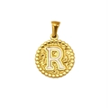 Pendentif rond vintage en acier plaqué or 18K avec lettre R en émail blanc - Lettre R (S-P173-R)