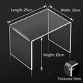 Detail view of transparent U-shaped acrylic shelf showing 25x10x15cm size and 5mm thickness - 25x10x15cm