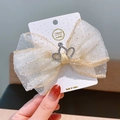 Handmade beige tulle bow hair clip with gold polka dots and a sparkling crown detail - Style 13 Chiffon Crown Bow Clip