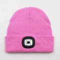 Bright pink knitted beanie with integrated LED headlamp for night running and camping - 4-LED Style / Rose Pink