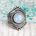 Vintage bohemian silver ring with round moonstone and antique metallic texture finish - US 6 / Antique Silver
