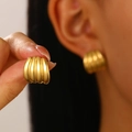 Golden textured rib stud earrings in stainless steel with a vintage cocoon-like design - 18K Gold Plated Textured Trapezoid (M-602)