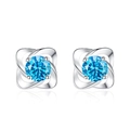 Elegant S999 silver four-leaf clover stud earrings with sky blue round cut gemstone - S999 Fine Silver / Blue Zirconia