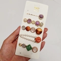 5-piece set of candy-colored hair clips featuring purple, orange, green, and pearls - Huasha Style (5 Piece Set)