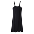 Elegant black satin slip dress with delicate lace trim neckline and hem, white background - XS / Black