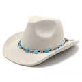 Detail of off-white cowboy hat with bohemian blue beads and silver metal ethnic band - M(56-58cm) / Beige Suede