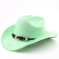Detail of mint green suede cowboy hat with bohemian wooden bead decorative band - M(56-58cm) / Fruit Green