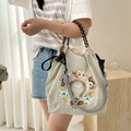 Detail of delicate colorful equestrian embroidery and woven rope handle on beige canvas bag - Light Grey Horse Racing (No Strap)
