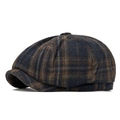Casquette gavroche à carreaux bleus et marrons en laine mélangée style rétro - Bleu marine