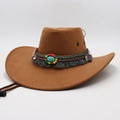Brown wide brim western cowboy hat with ethnic style turquoise bead band and chin strap - M One Size / Khaki